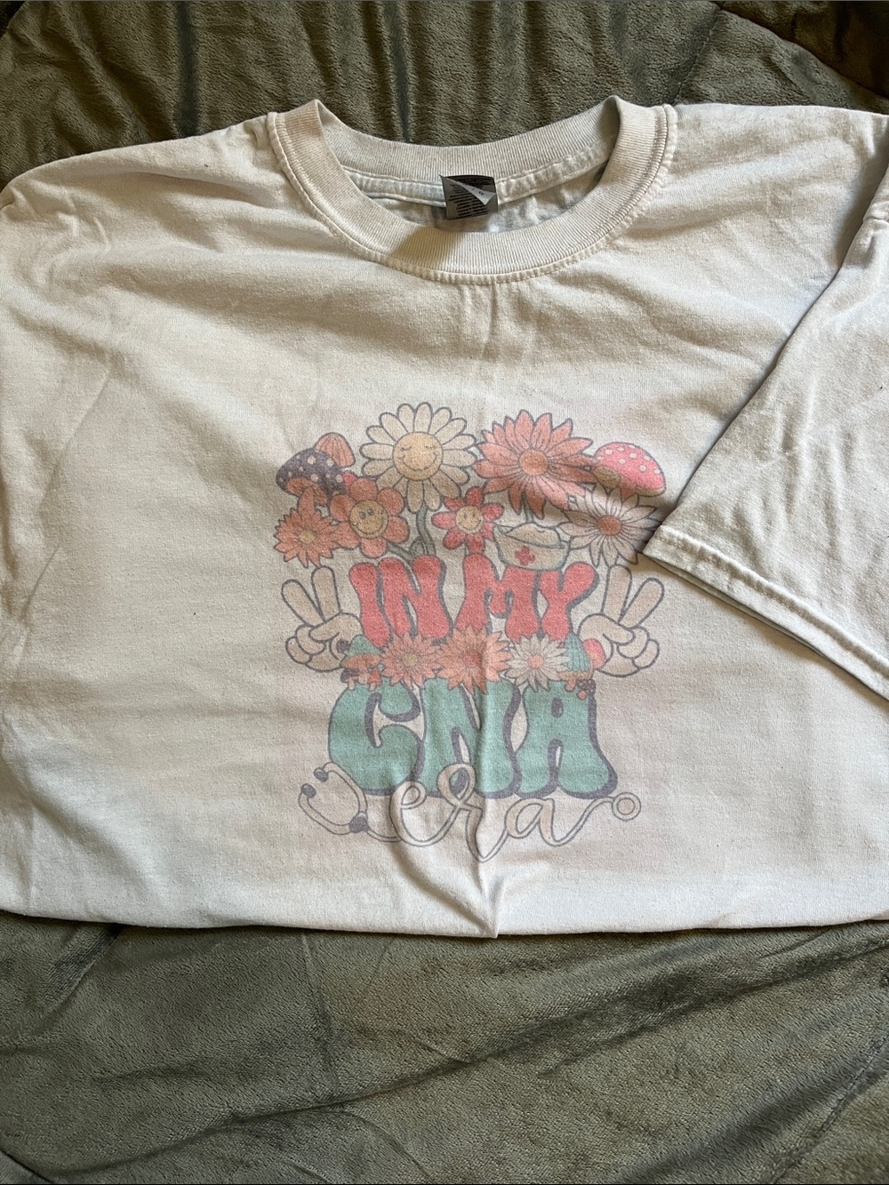 Gildan White Short Sleeve Tee with Retro Floral Peace Graphic